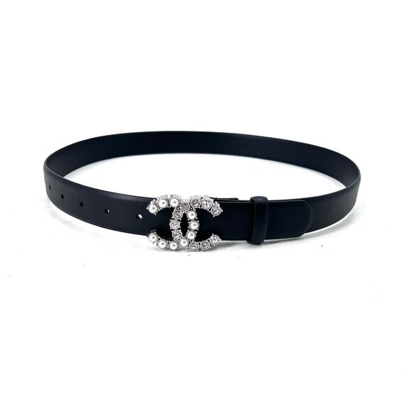Authentic CHANEL Calfskin Crystal & Pearl CC Belt Womens Size 80 / 32 - Picture 1 of 8